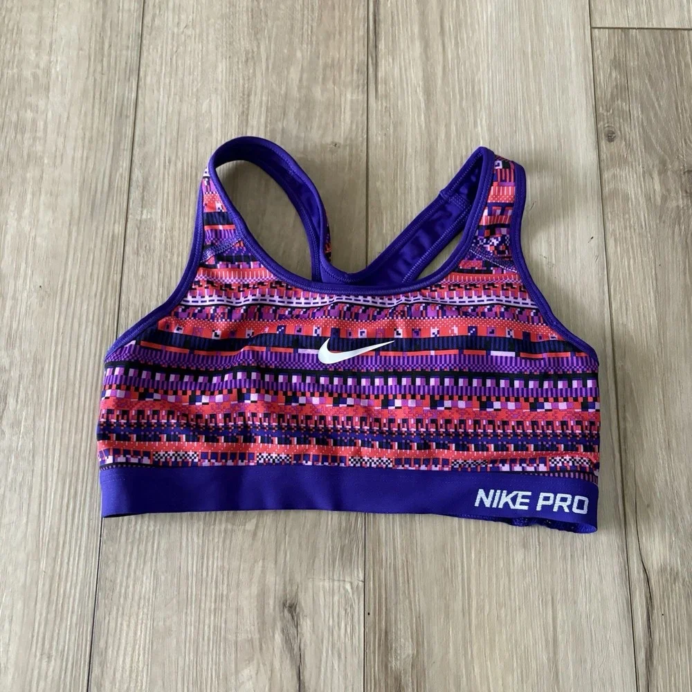 Nike Pro Dri Fit Sports Bra Womens Medium M Aztec‎ Purple Swoosh Removable Pads